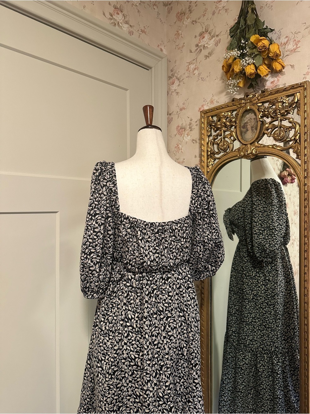 Midi Dress AQUA Black Floral Leaf Flowy XS Bloomingdale’s - Picture 6 of 14